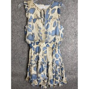 Adrienne Sleeveless Blue White Mini Dress Snake Print Ruffle Trim Tiered M